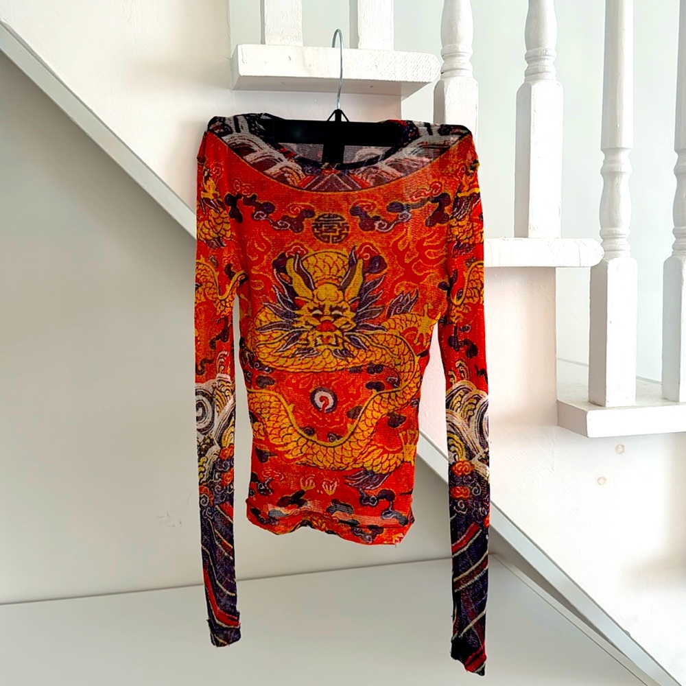 1990’s vintage VIVIENNE Tam long sleeve mesh top. Iconic dragon print.